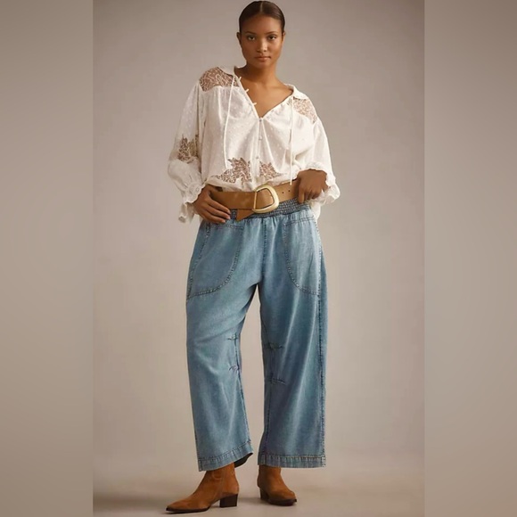 Anthropologie Pilcro The Reese Smocked Pull-On Barrel Denim Pants Size 2x - Picture 1 of 12